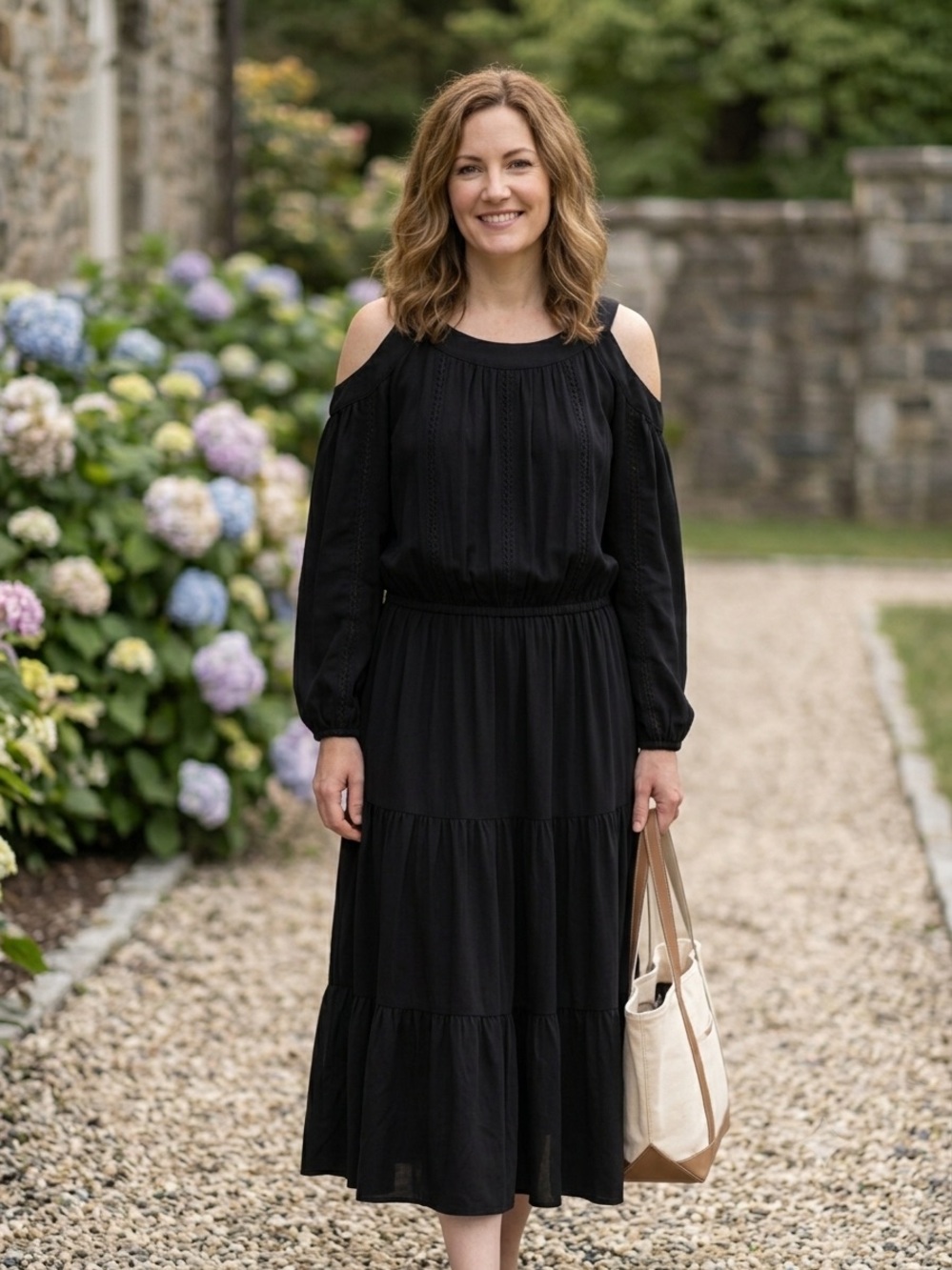 Ralph Lauren Black Cold-Shoulder Tiered Midi Dress